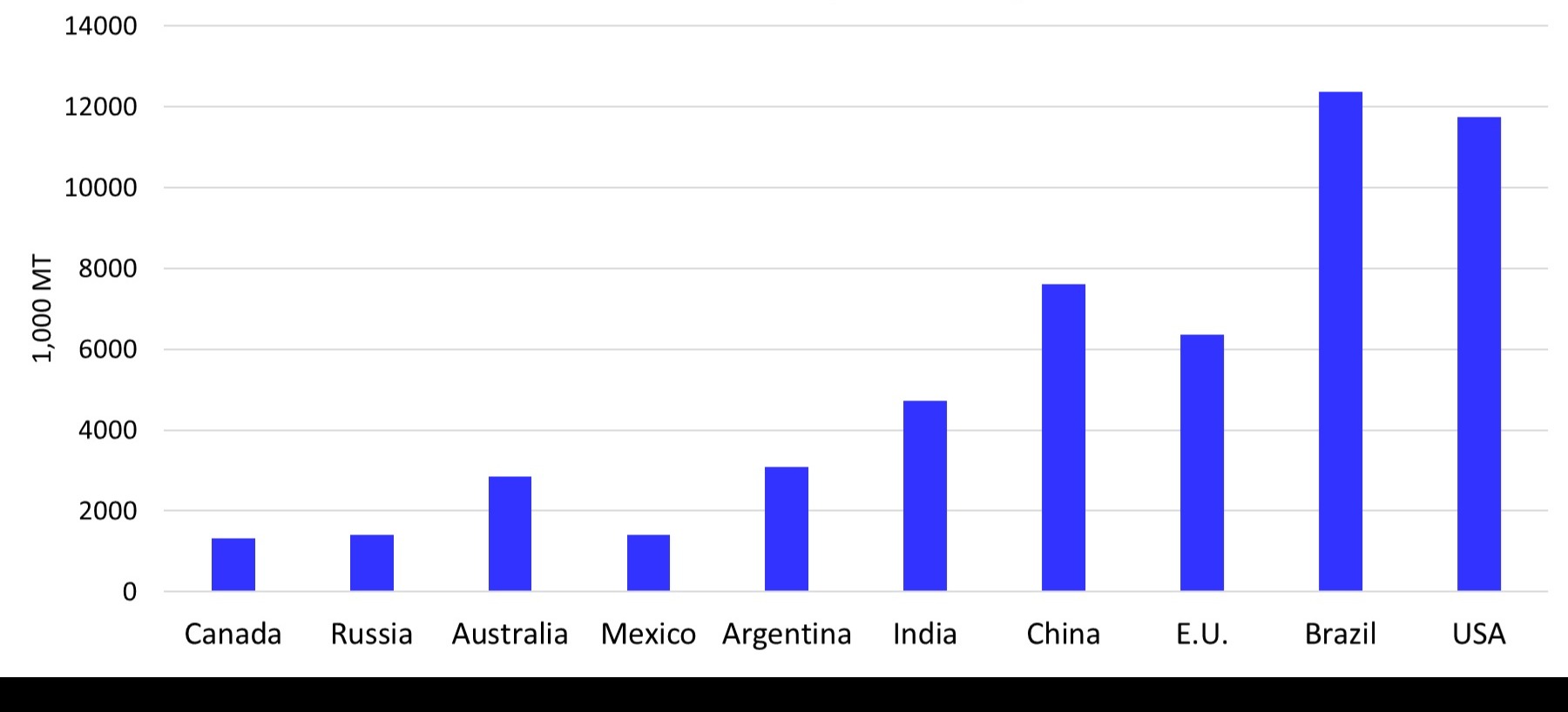 This bar chart illustrates the 2026 forecast for global beef production, measured in 1,000 metric tons of carcass weight for top producing countries and regions. Canada, Russia, Australia, Mexico, Argentina, India, China, E.U., Brazil, USA. Range 1700 - 12000 (per 10000 MT).