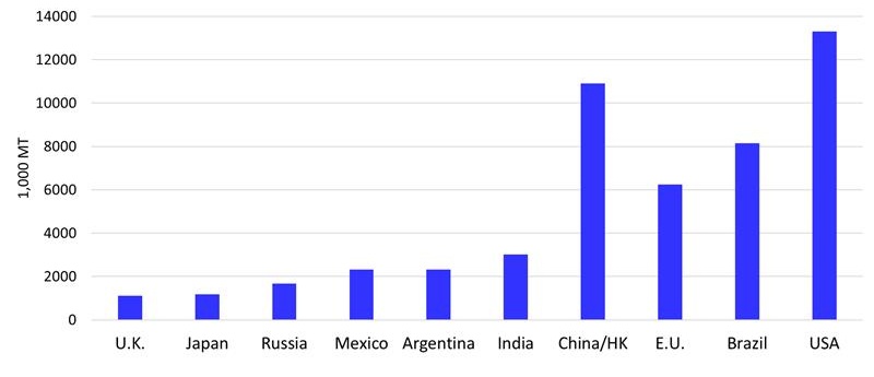 Bar chart illustrates the projected global beef consumption for the year 2026, measured in thousand metric tons (1,000 MT) of carcass weight. 