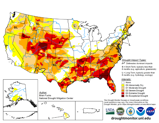 A U.S. Drought Monitor map dated April 21, 2026, showing widespread drought across the western and southern United States, with severe to exceptional drought concentrated in parts of the Great Plains, Texas and the Southeast.