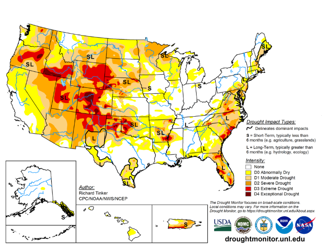 A U.S. Drought Monitor map dated Aug. 4, 2026, showing widespread drought across the western and central United States, with severe to exceptional drought concentrated in parts of the Southwest and Great Plains.