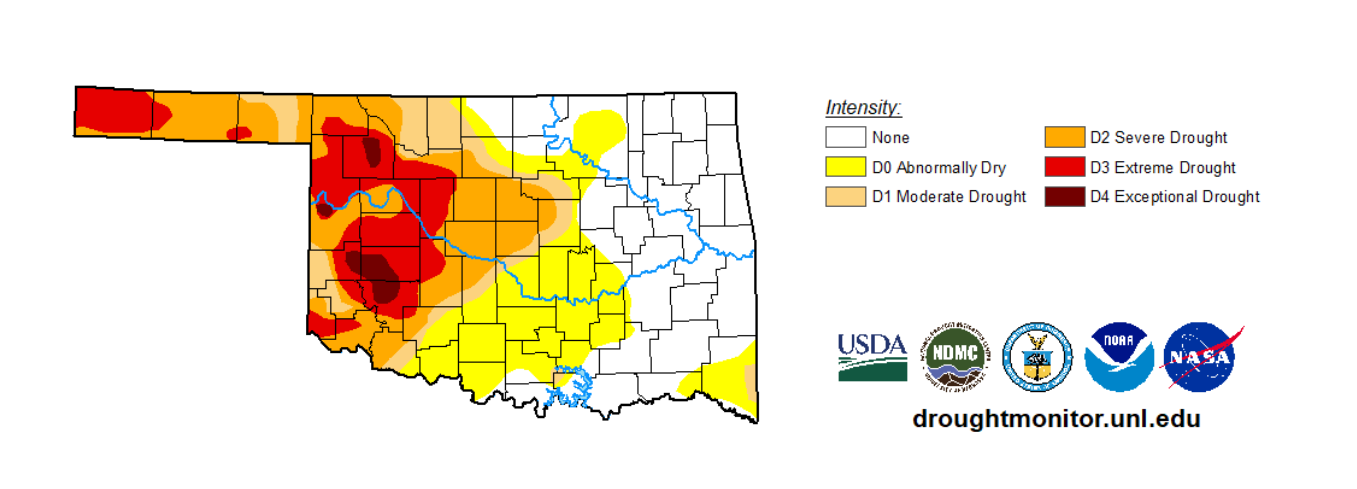 A map of Oklahoma showing drought conditions across the state on July 14, 2026 with a table showing the different levels of drought.
