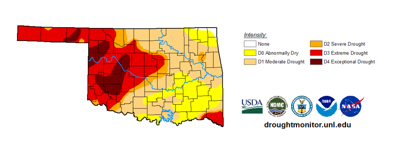 A map of Oklahoma showing drought conditions across the state on June 2, 2026 with a table showing the different levels of drought.