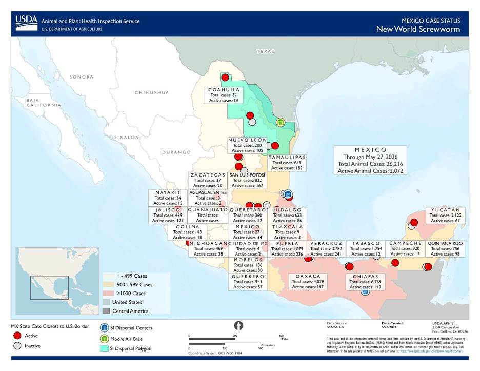This is a USDA Animal and Plant Health Inspection Service (APHIS) map showing the status of New World Screwworm (NWS) cases in Mexico as of May 27, 2026. The map displays the geographic distribution of reported New World Screwworm cases across Mexican states, with data intended to monitor the spread of the parasite and assess the risk to livestock populations, particularly near the U.S.–Mexico border.