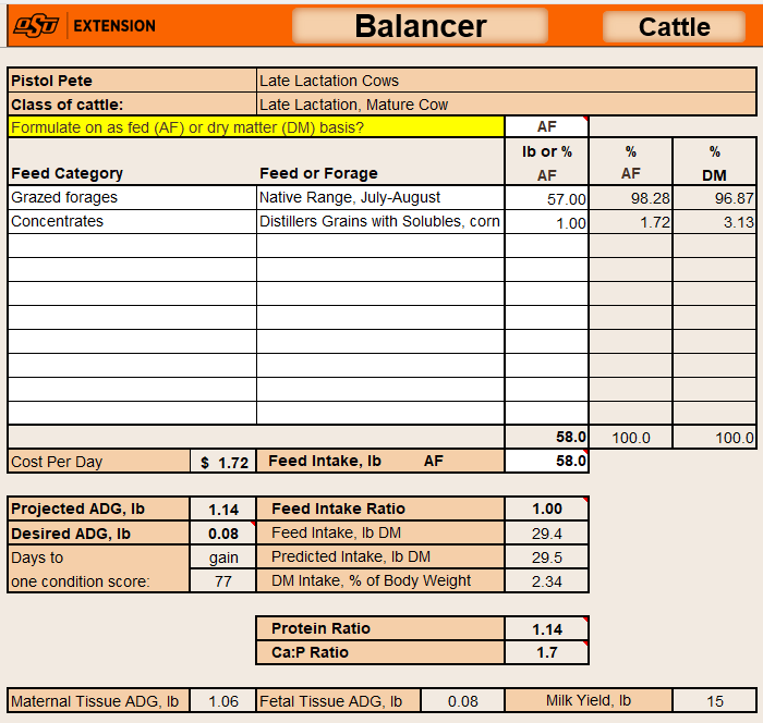 The Cowculator and balancer for OSU Extension cattle showing the feed category, feed or forage, lb or % AF, % AF and % DM.