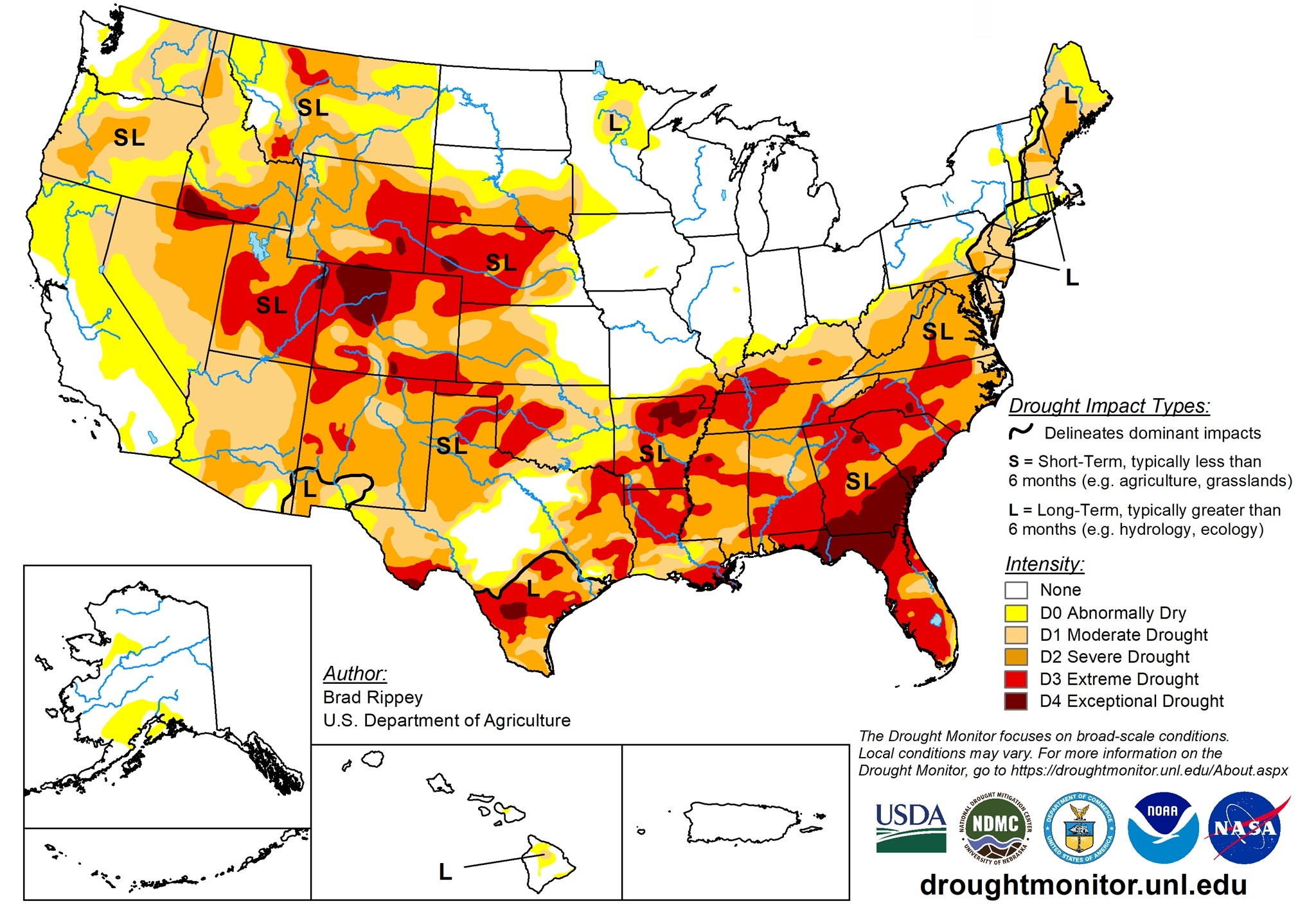 Visualizes drought intensity using a six-level scale ranging from None to Exceptional Drought (D4). The map also indicates whether drought impacts are Short-Term (S) (less than 6 months, typically agriculture) or Long-Term (L) (greater than 6 months, typically hydrology). Data is synthesized through a partnership between USDA, NOAA, and the University of Nebraska-Lincoln.