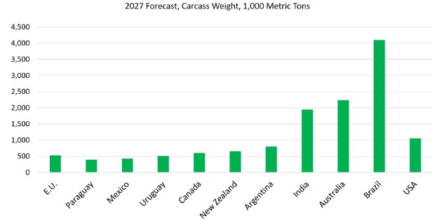 A bar chart showing the 2027 forecast for beef exports by country, measured in 1,000 metric tons of carcass weight. Brazil leads at approximately 4,100, followed by Australia at 2,250 and India at 1,950. The U.S. forecast is about 1,050.
