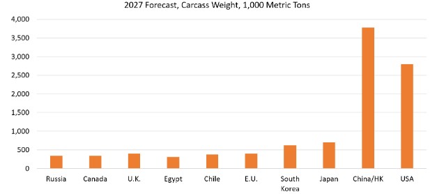 A bar chart showing the 2027 forecast for beef imports by country, measured in 1,000 metric tons of carcass weight. China/Hong Kong leads at approximately 3,775, followed by the USA at about 2,800 and Japan at roughly 700. South Korea comes in at around 625.