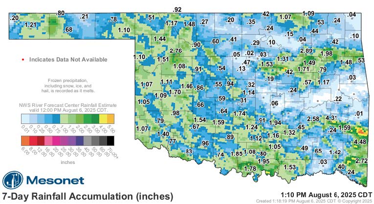 A map of Oklahoma indicating rainfall accumulations