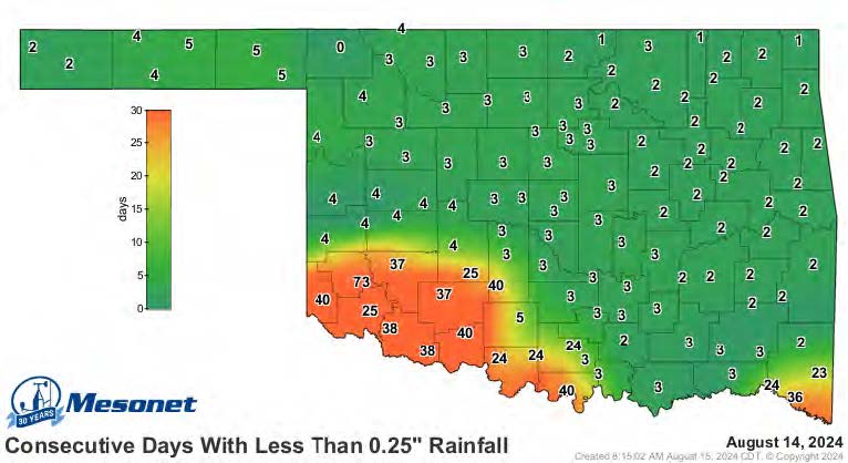 A Mesonet map of Oklahoma from August 14, 2025 for Consecutive Days with Less than 0.25 inches of Rainfall.