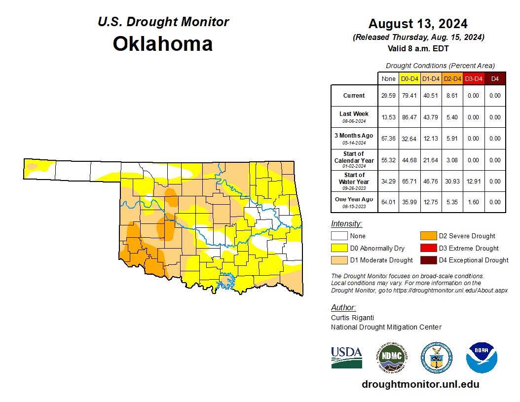 U.S. Drought Monitor map of Oklahoma from August 13, 2024.