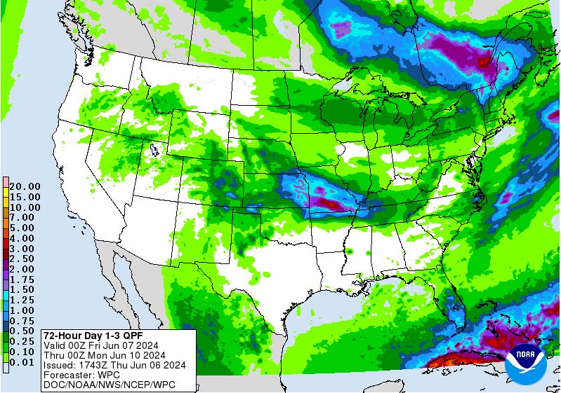 A map of the United States describing the precipitation forecast for 3 days.