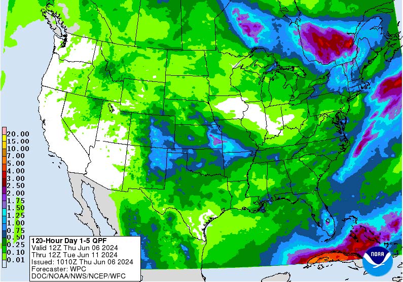 A map of the United States with a Precipitation forecast for the next 1 to 5 days layered over the top.