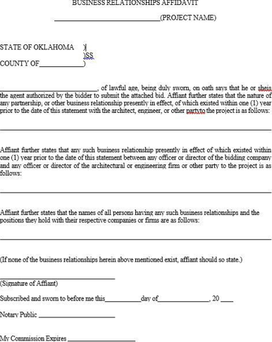A notarized Oklahoma affidavit form for bidders to disclose any business relationships within the past year involving the project team, including architects, engineers, company officers, directors and other parties associated with the project.
