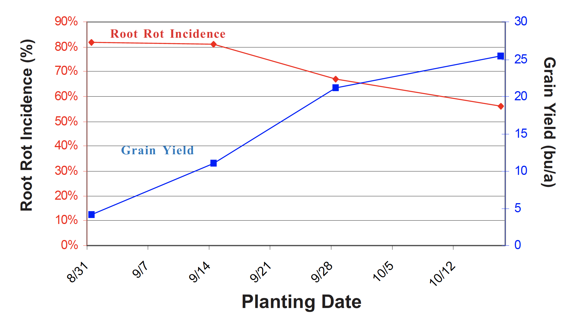 Effect of Planting Date on Root Rot Incidence and Grain Yield graph.