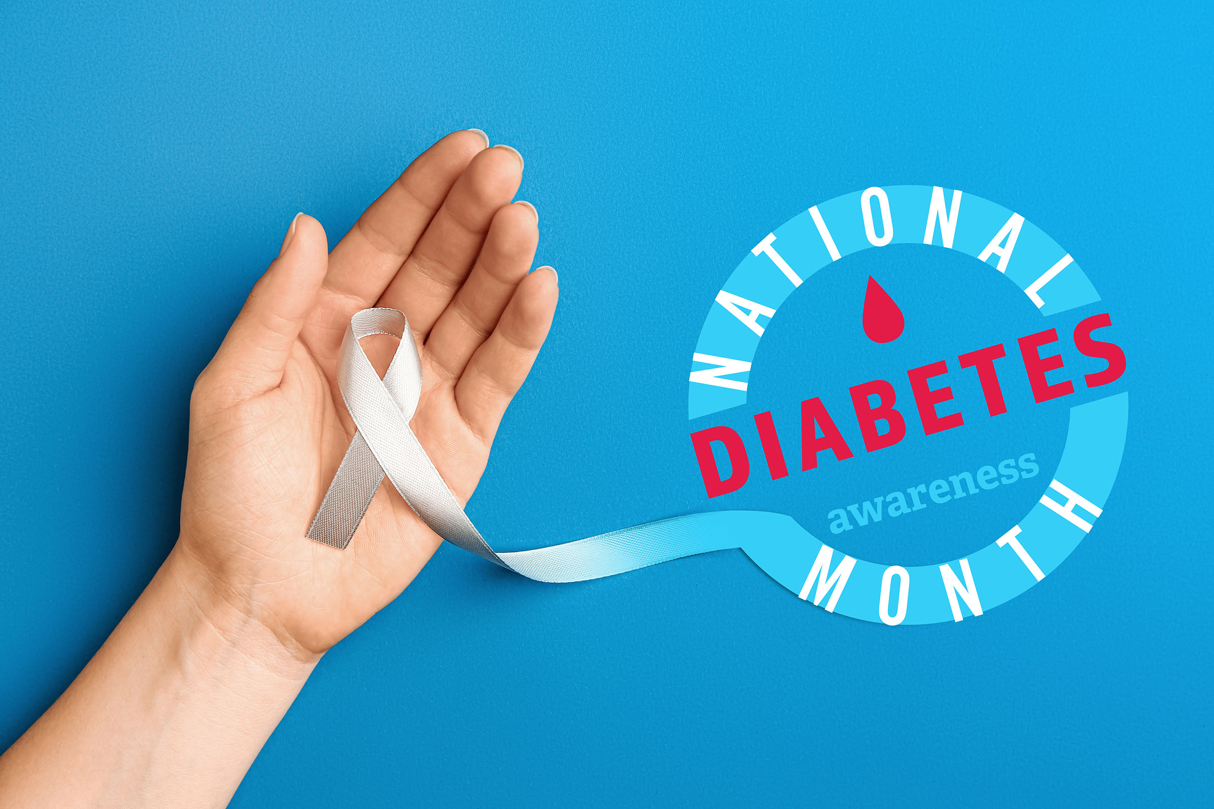 Hand holding a ribbon for national diabetes month.