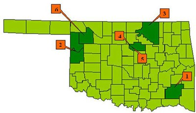 A green map of Oklahoma with six counties colored dark green and orange boxes labeleing the counties 1, 2, 3, 4, 5 and 6. A green map of Oklahoma with six counties colored dark green and orange boxes labeleing the counties 1, 2, 3, 4, 5 and 6.