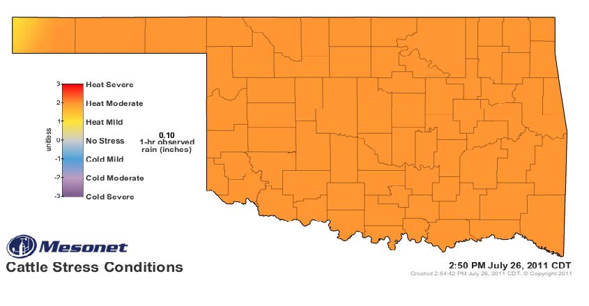 A map of Oklahoma in orange showing the Cattle Stress Conditions for July 26, 2011 at 2:50 PM. The map is mostly in orange correlating with moderate heat.