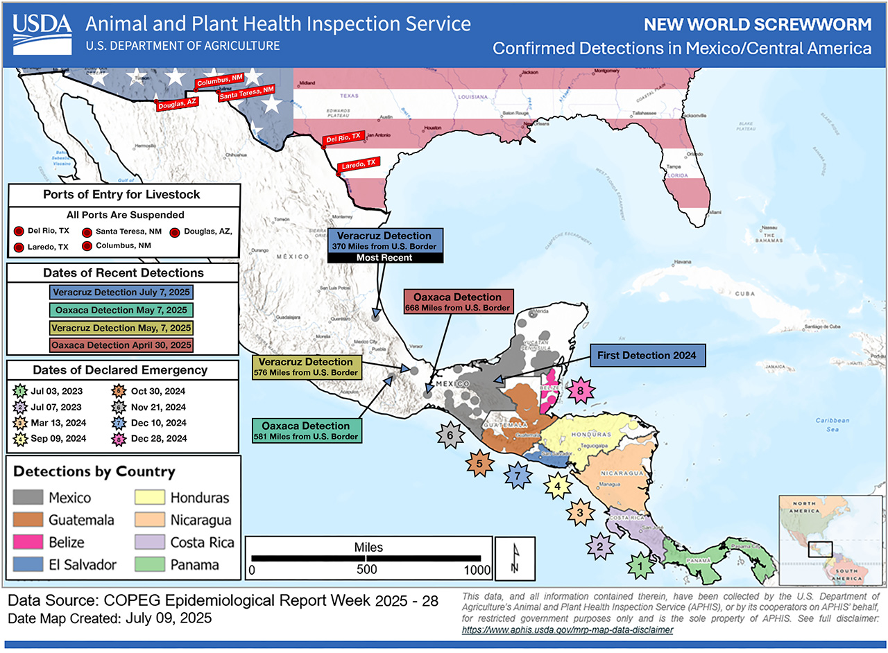 A map showing current NWS distribution in Mexico/Central America.