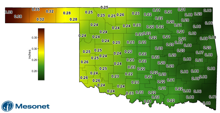 A map of short crop reference evapotranspiration across Oklahoma.