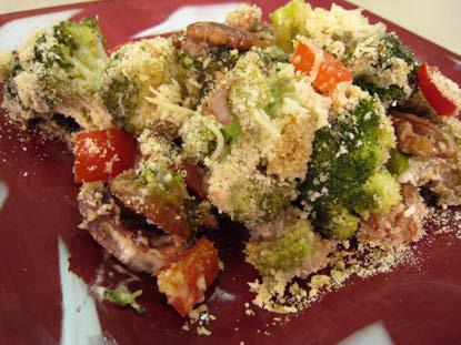 Broccoli and pecan casserole served on a plate.