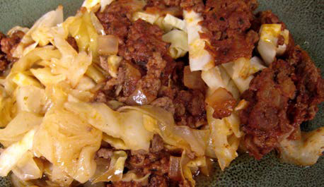 Ground beef and cabbage casserole on a plate. 