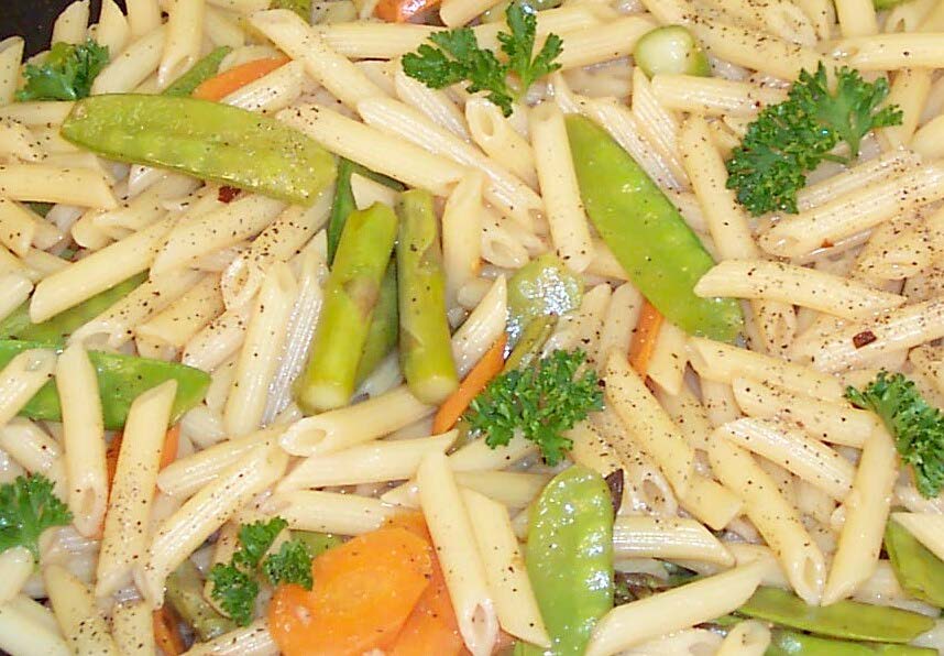 A close up of the cooked penne pasta stir-fry.