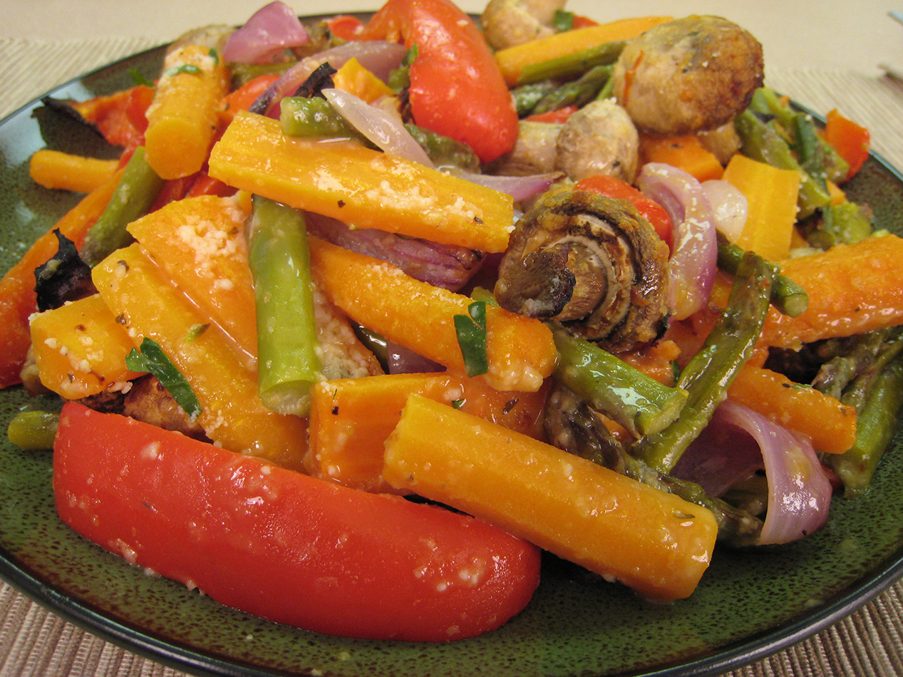 Roasted vegetables served on a plate.
