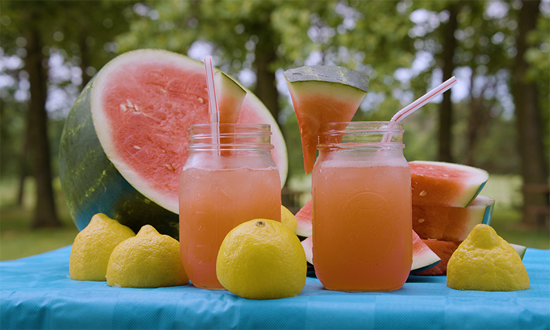Atop a blue table are four halves of lemons next to two jars with pink liquid inside and straws sticking out the top. Behind the jars is a half watermelon sliced to show the pink interior and multiple slices of  watermelon. 