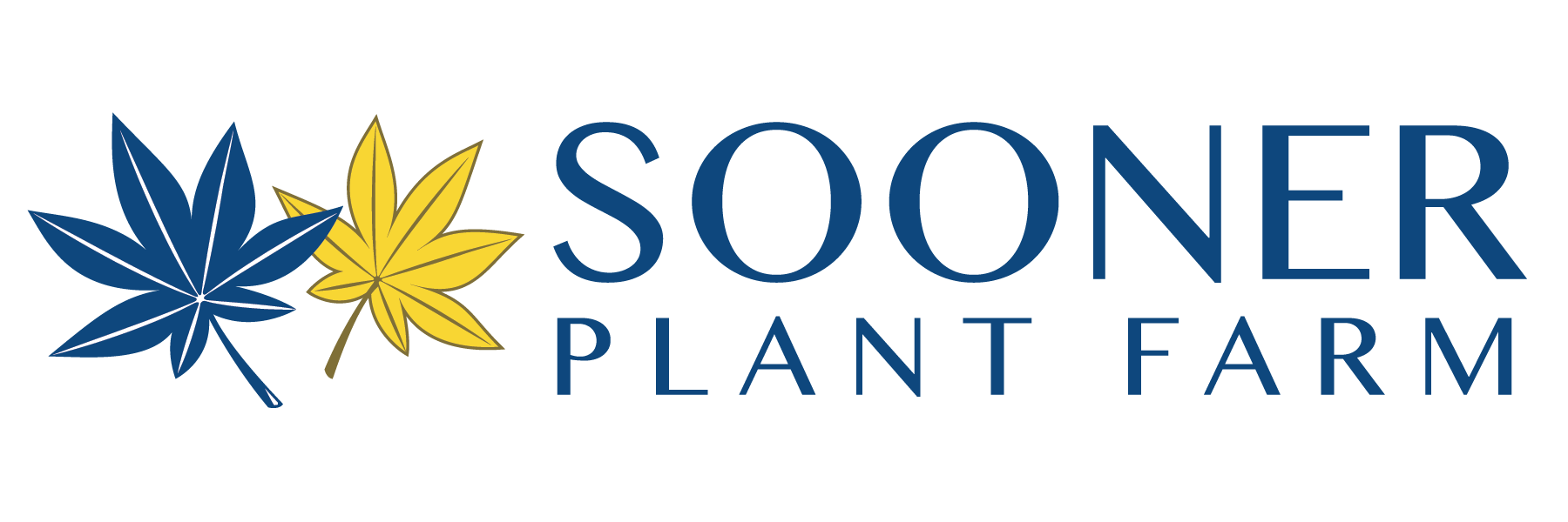 Sooner Plant Farm logo in yellow and blue with leaves.