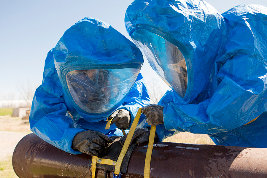 Two individuals in blue hazmat suits.