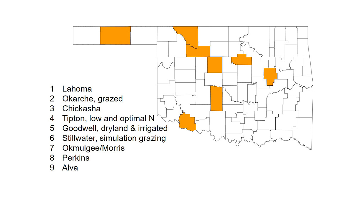 The 2022 wheat breeding test sites. Lahoma, Okarche, Chickasha, Tipton, Goodwell, Okmulgee, Perkins and Alva.