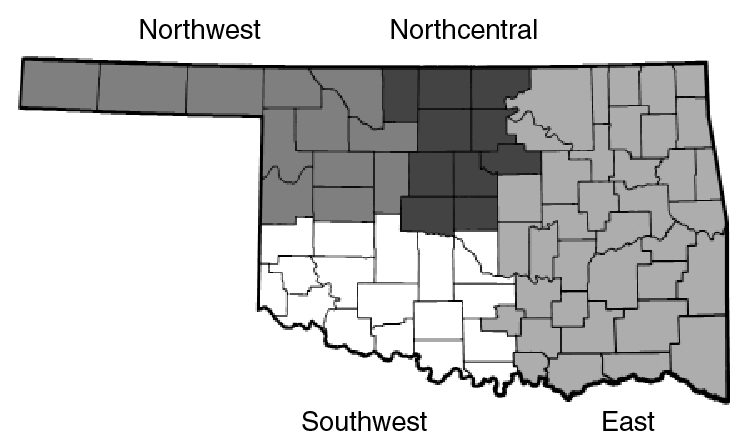 Oklahoma map showing regions used in reporting farmland leasing survey results.