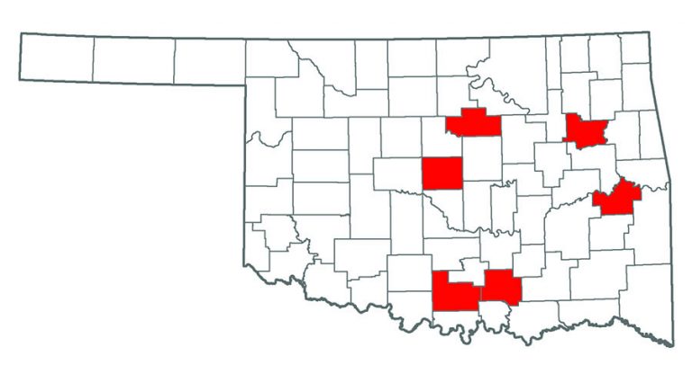 Map of Oklahoma showing where Alligator Weed grows.