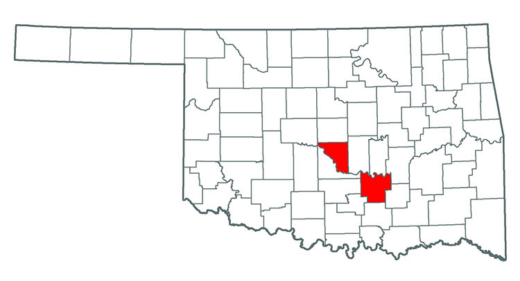 Oklahoma map showing where English Ivy is found.