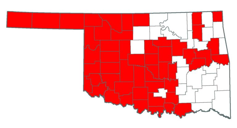 Oklahoma map showing where Saltcedar or Tamarisk is.