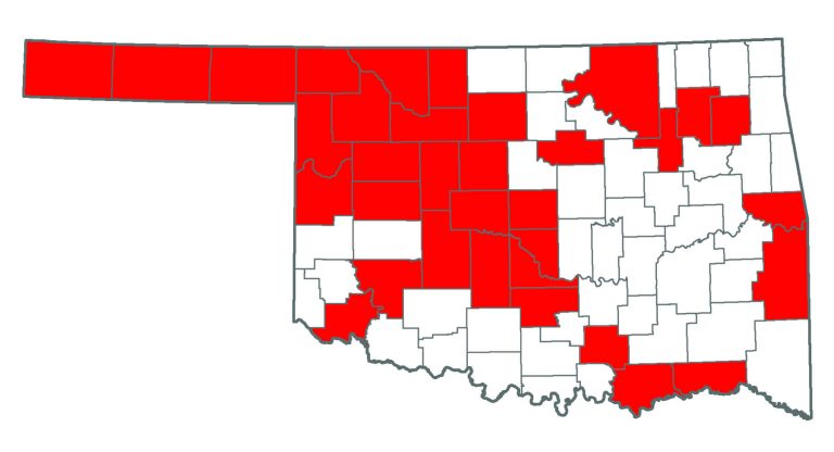 Oklahoma map showing where Siberian Elm is.