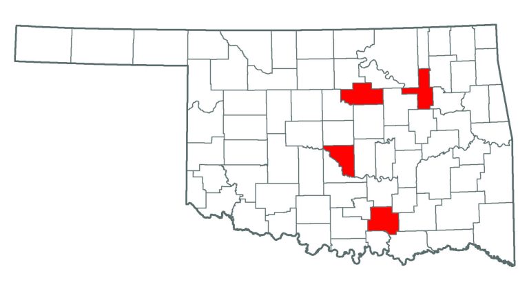 Oklahoma map showing where you can find Water Hyacinth.
